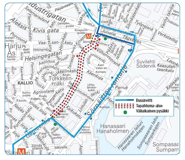 helsingin kartta kallio Hämeentien bussit ja raitiovaunut poikkeusreiteillä 1.8. Kallio  helsingin kartta kallio